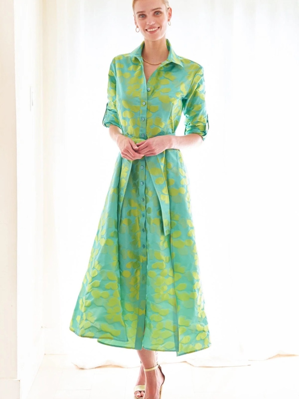 Finley Aqua-Green Floral Shirt‑Waist Maxi Dress a $435 dress